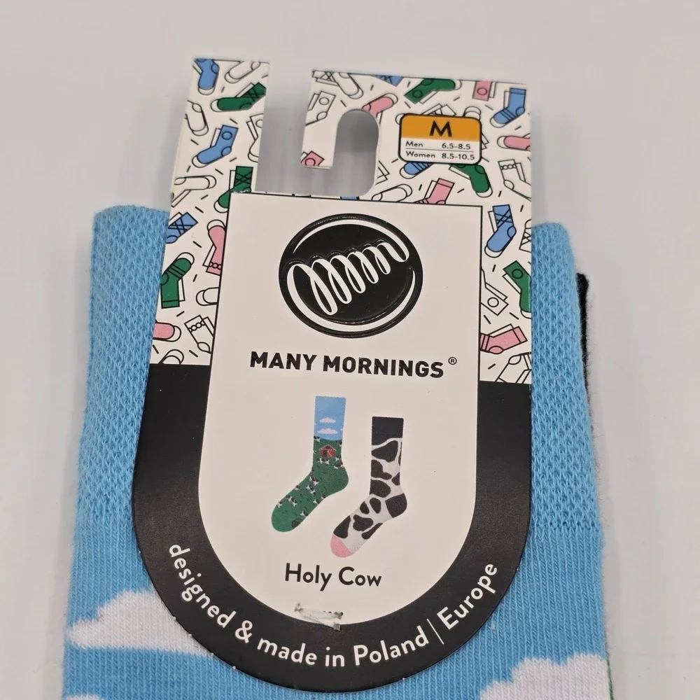 MANY MORNINGS‎ Holy Cow Farm Pattern Socks Medium 8.5-10.5  Blue/Green New